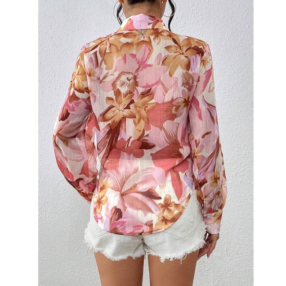 Floral Print Sheer Tie Front Long Sleeve Button Down Crop Shirt Lurex Glitter - Picture 4 of 9